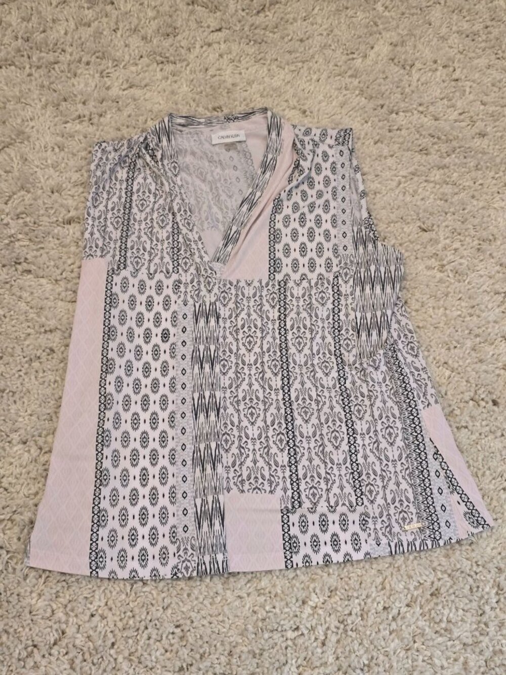 Calvin Klein Women's Large Pink Black Patchwork Print Sleeveless Blouse
